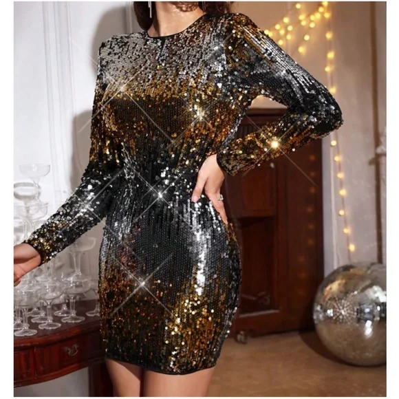 Luxe Sequin Long Sleeve Party Holiday Sexy Dress - Picture 8 of 11